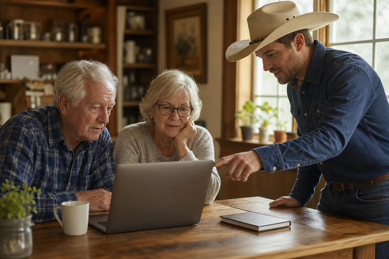 Nick helping two neighbors with their laptop at home.