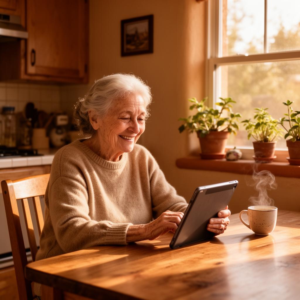 A smiling older woman comfortably using her tablet at a sunlit kitchen table.